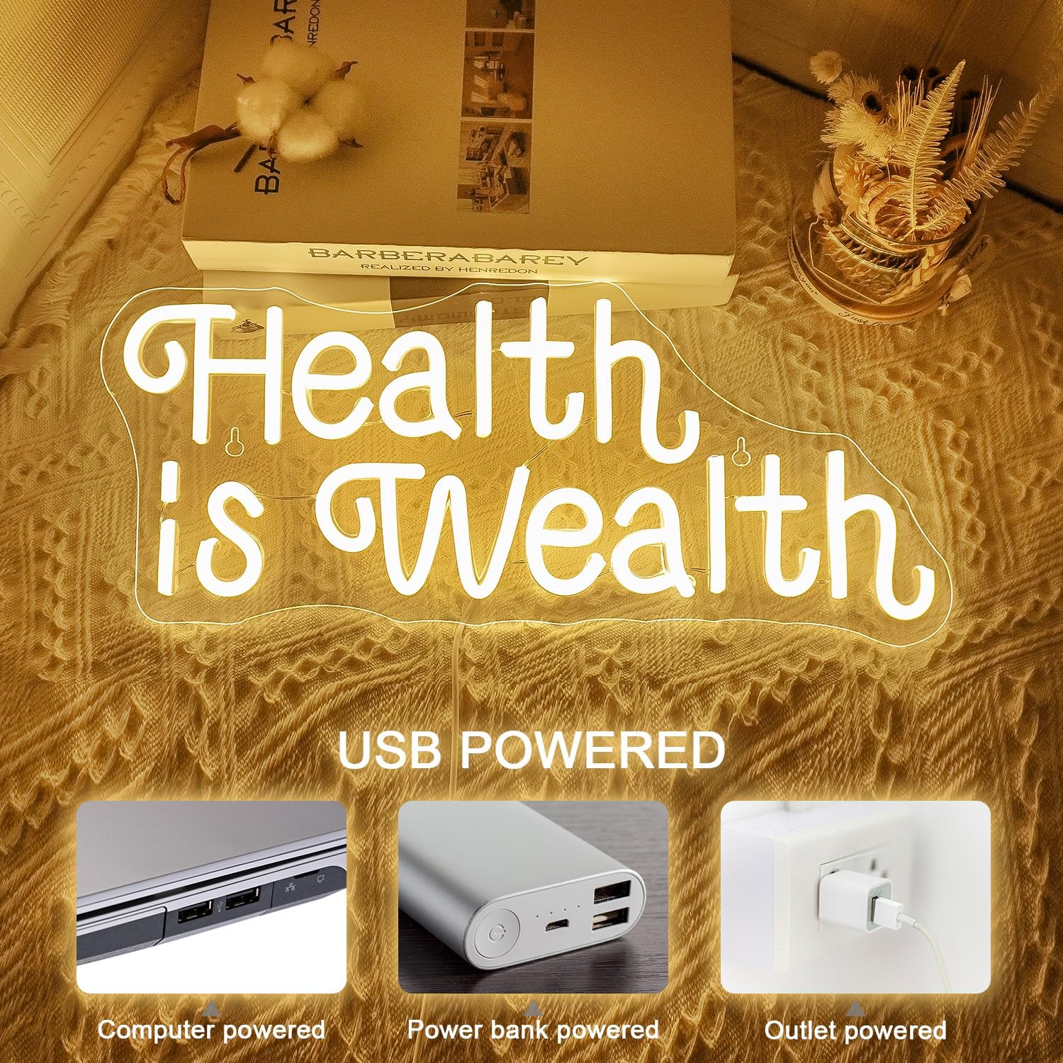 Health is Wealth Neon Sign USB - Health Wellness Gym 评论和价格